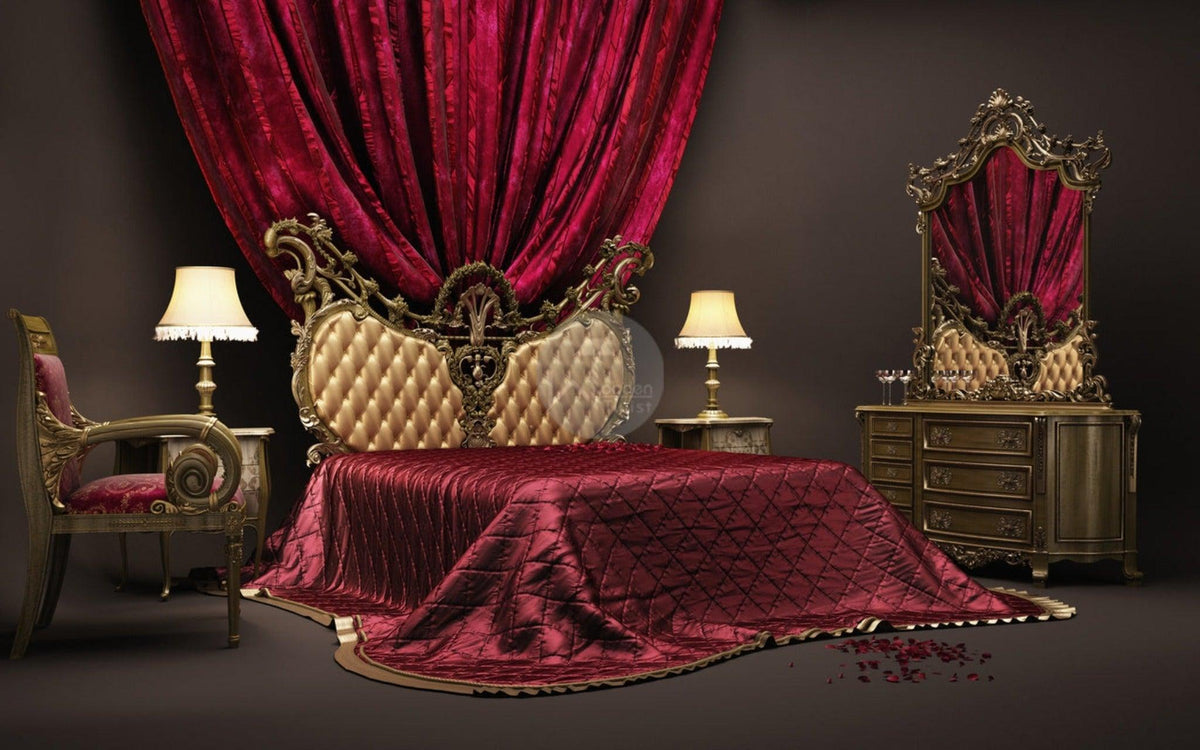 Hand-carved teak wood royal king size bed with side tables for UAE villa — Wooden Twist UAE