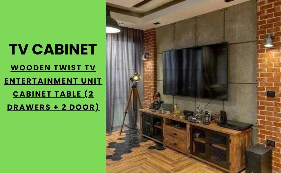 Wooden Twist Woolly Cane Rattan Mango Wood TV Cabinet with 2 Drawers & 2 Open Shelves for Living Room Storage and Media Console