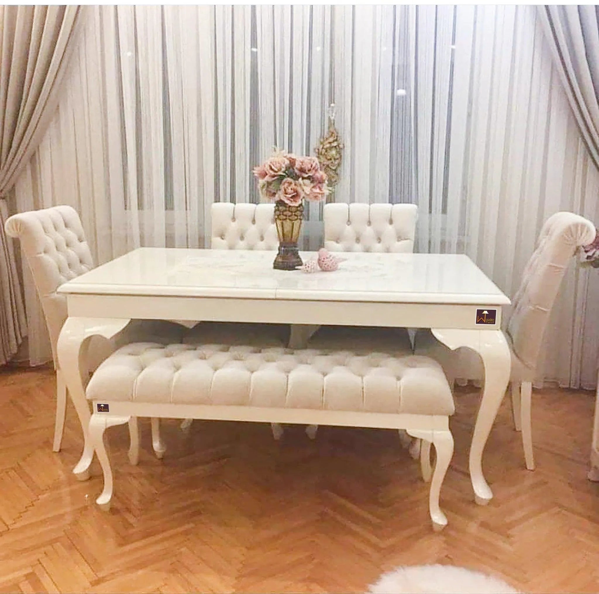 6 seater teak wood dining set with bench for UAE family homes — Wooden Twist UAE