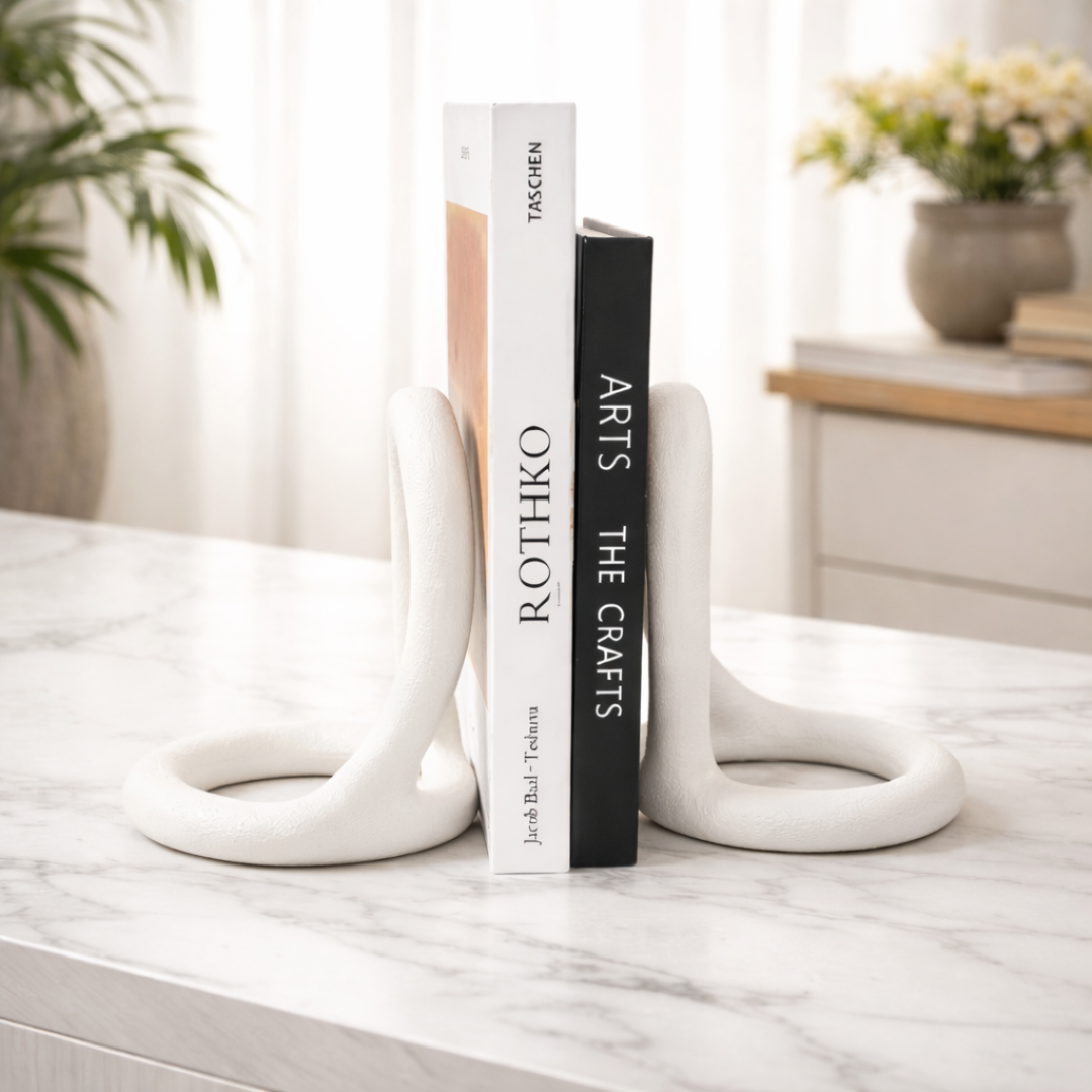 Designer bookends holding books on a tabletop – Wooden Twist
