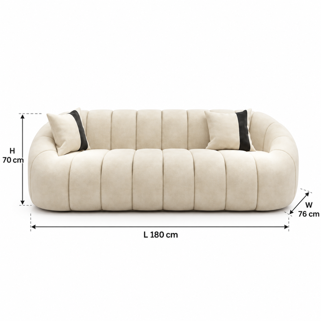 Wooden Twist Collin Oval Channel Tufted 3 Seater Sofa Beige Velvet – Dimensions 180 x 76 x 70 cm