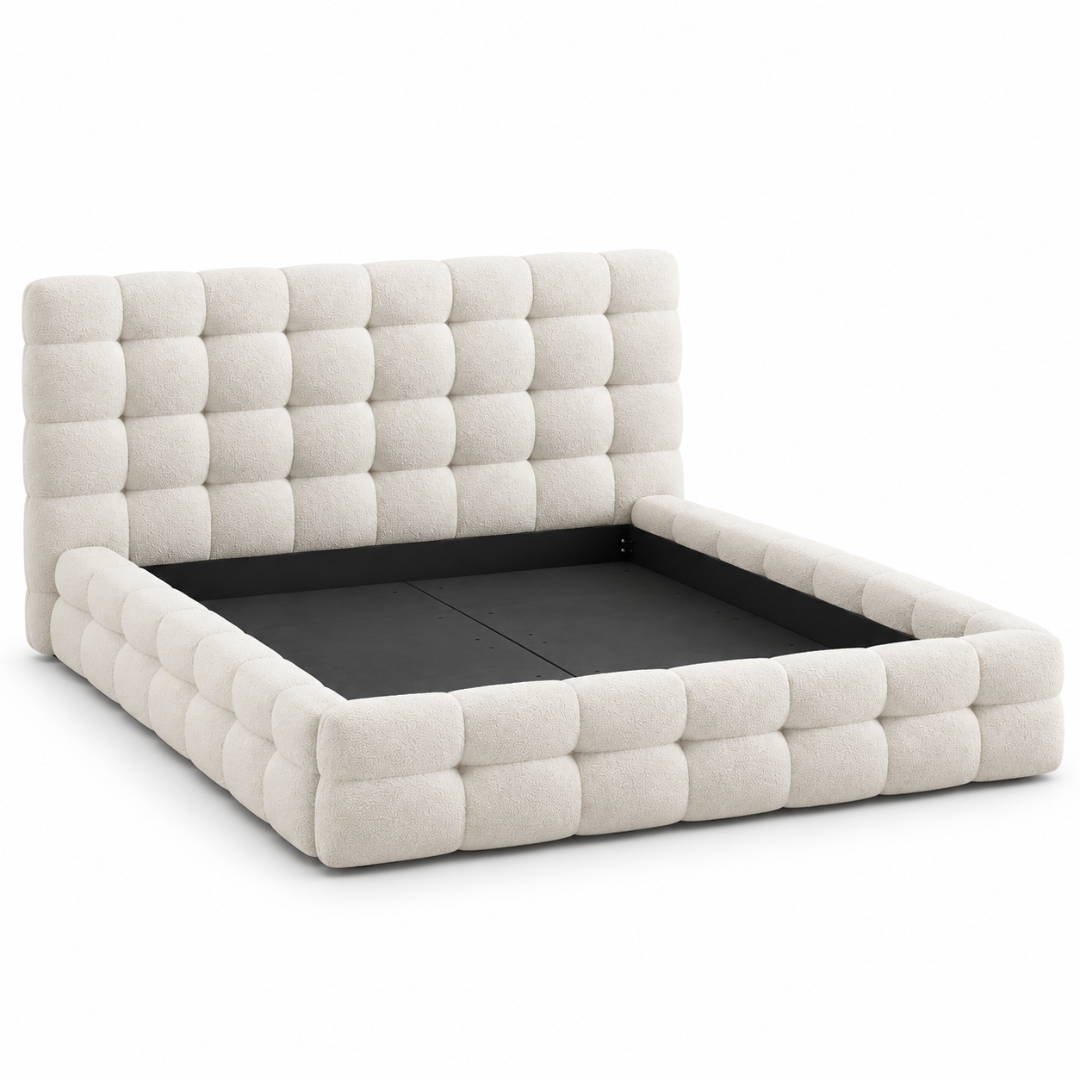 Wooden Twist Elegance Chunky Tufted Boucle Bed Beige – frame angle view