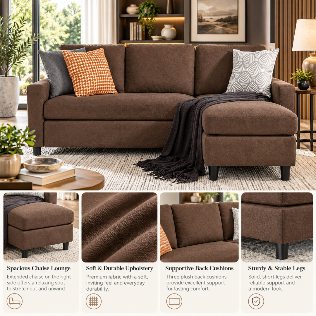 Cosy brown sectional features: spacious chaise lounge, soft durable upholstery, supportive back cushions, sturdy stable legs