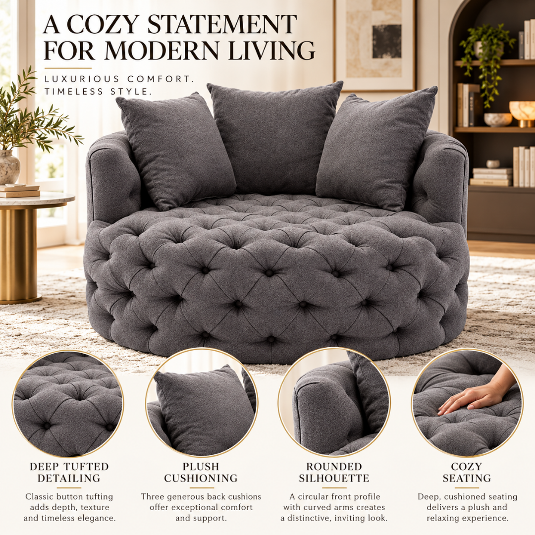 Wooden Twist Round Button Tufted Velvet Cuddle Chair Dark Grey – Key Features