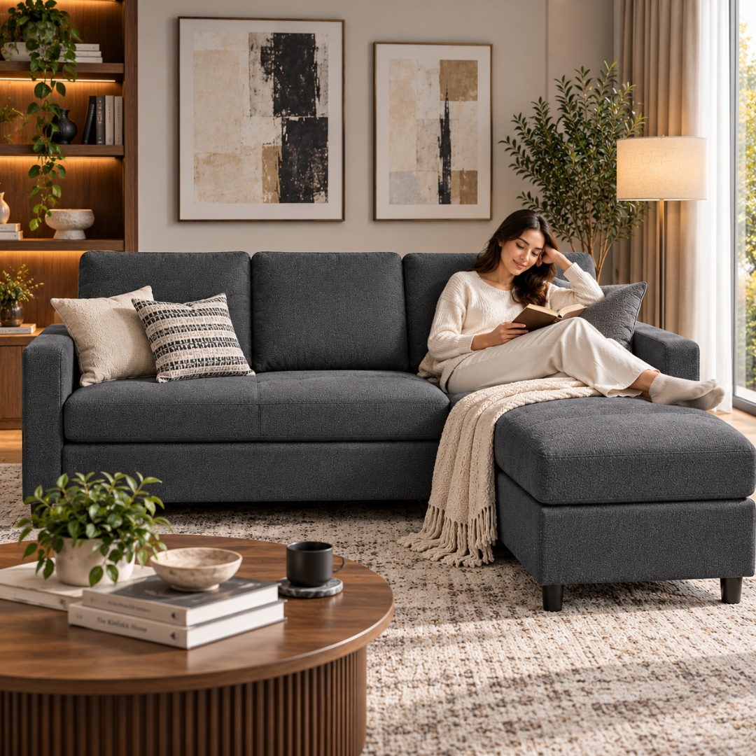 Woman reading on the Cosy dark grey sectional sofa chaise