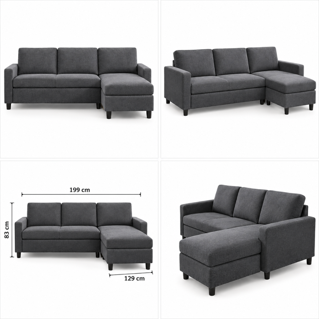 Cosy dark grey sectional from four angles with 199 x 129 x 83 cm dimensions