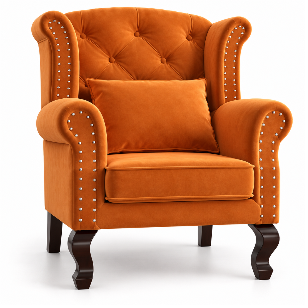 Wooden Twist Majestic Velvet Wingback Chair Orange – Front View Close-Up