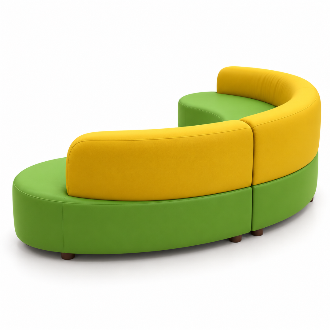 Rear view of the Citrus crescent sofa showing the curved yellow PU leather back