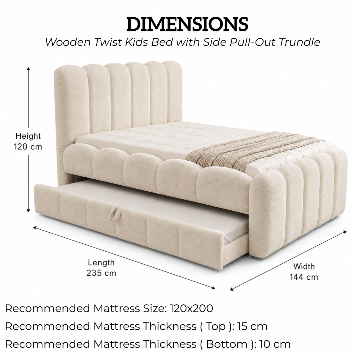 Wooden Twist Boucle Kids Bed with Side Pull-Out Trundle & Scalloped Channel-Tufted Headboard