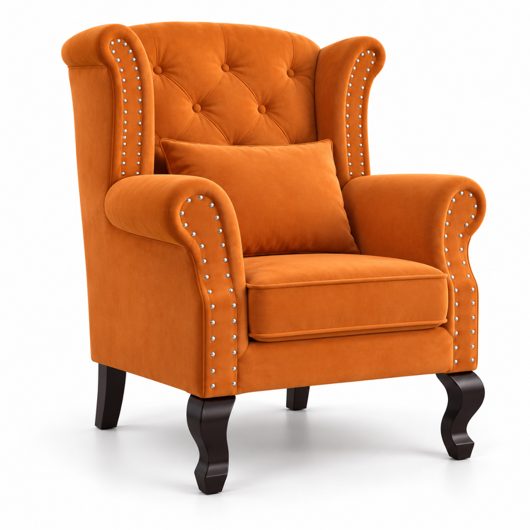 Wooden Twist Majestic Velvet Wingback Chair Orange – Angle View