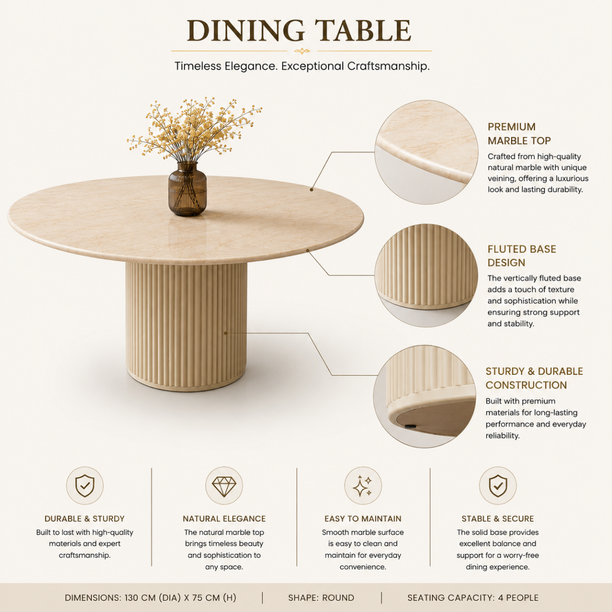 Wooden Twist Cream Marble Round Dining Table with Fluted Pedestal Base, 130cm, Seats 4