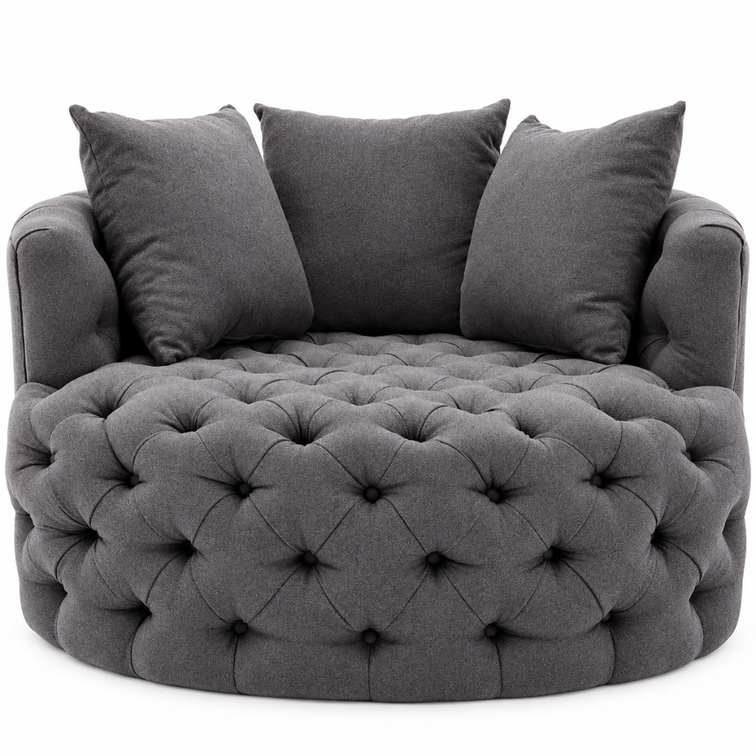 Wooden Twist Round Button Tufted Velvet Cuddle Chair Dark Grey – Front View