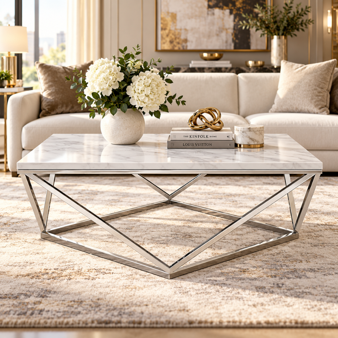 Wooden Twist Vertex square white marble coffee table with geometric polished chrome base in a luxury living room