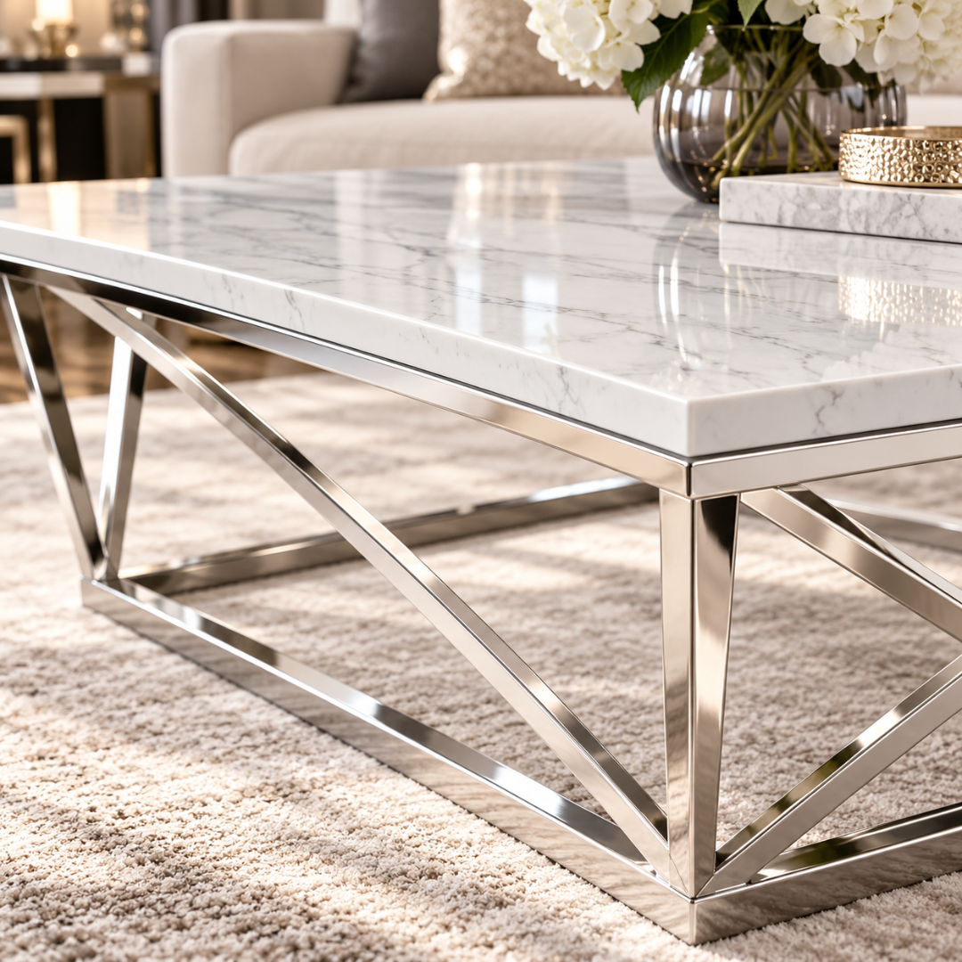 Close-up of the Vertex coffee table's white marble top and polished chrome geometric frame