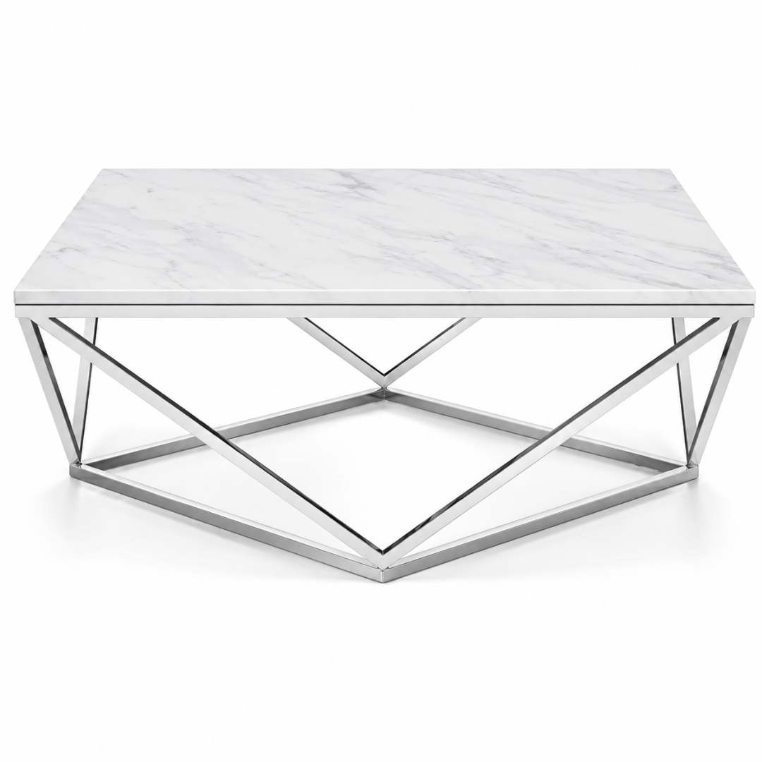 Front view of the Vertex square marble coffee table with chrome base on a white background