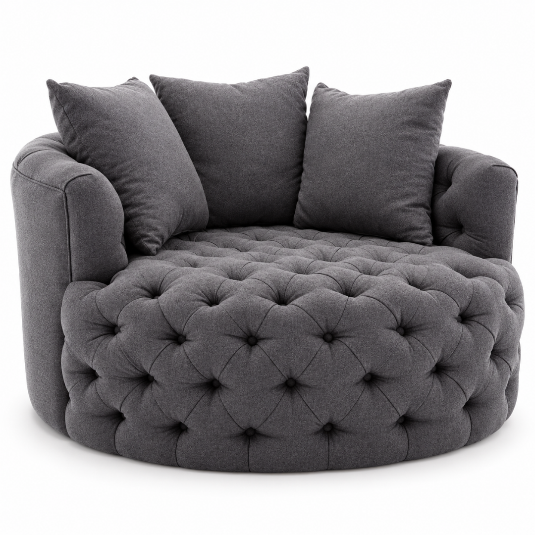 Wooden Twist Round Button Tufted Velvet Cuddle Chair Dark Grey – Angle View