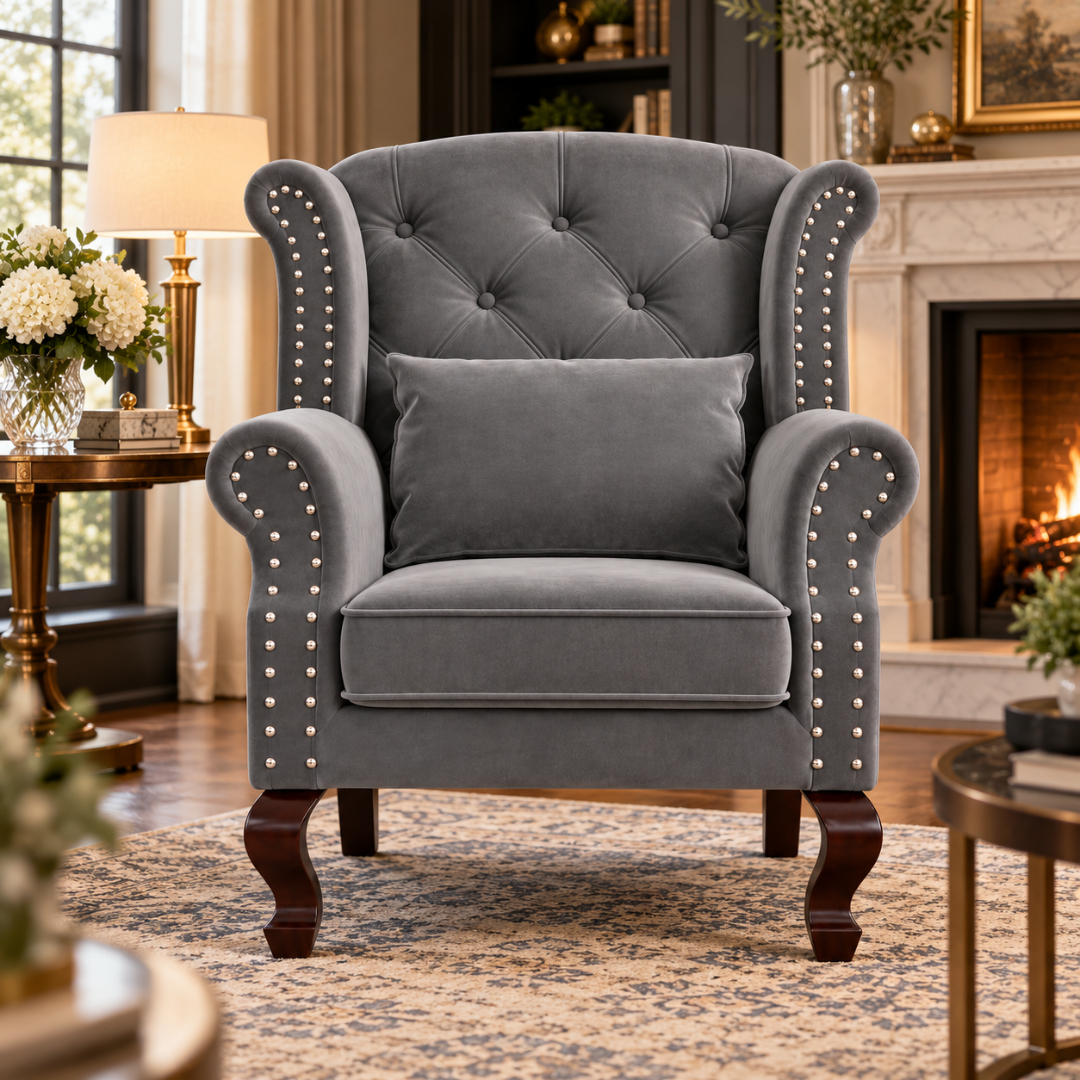 Wooden Twist Majestic Velvet Wingback Chair Grey – Living Room