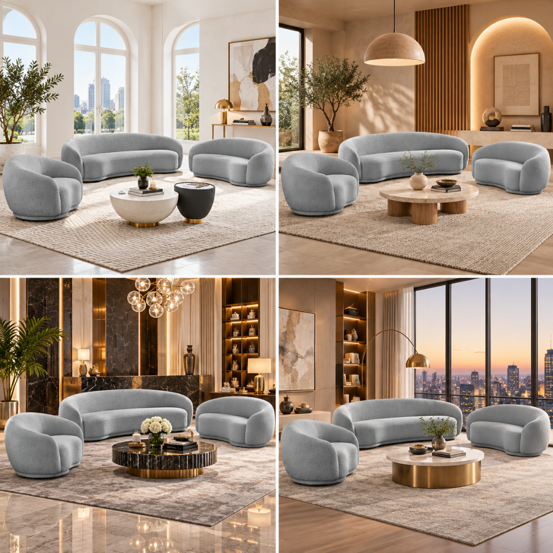 Wooden Twist Snug Grey Boucle Sofa Set 3+2+1 – Room Setting Collage