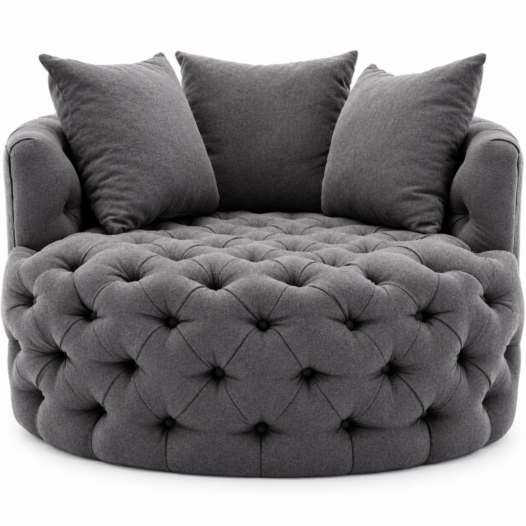 Wooden Twist Round Button Tufted Velvet Cuddle Chair Dark Grey – Front View Close-Up