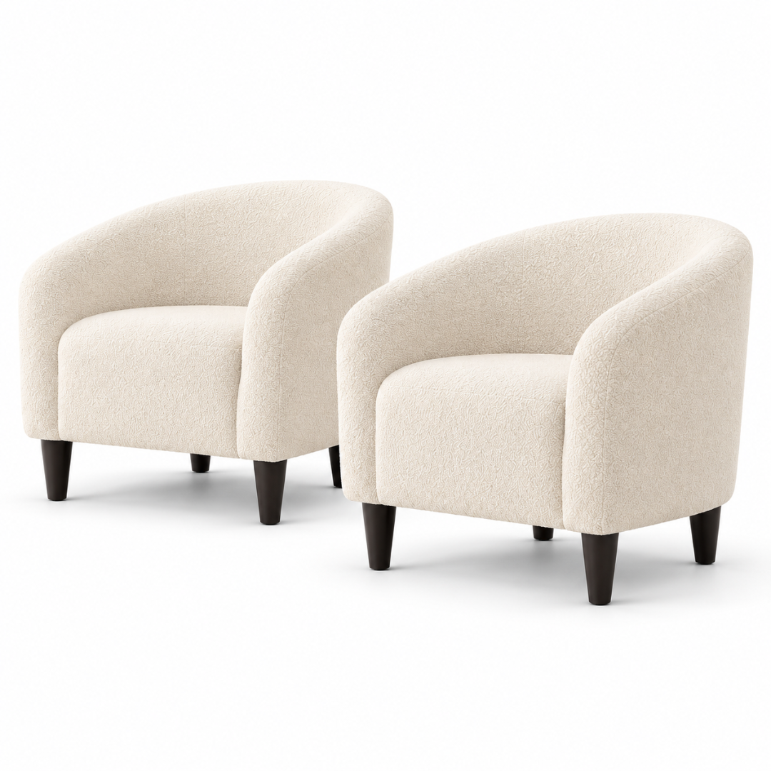 Wooden Twist Boucle Barrel Lounge Chairs Set of 2 Beige – angled pair view