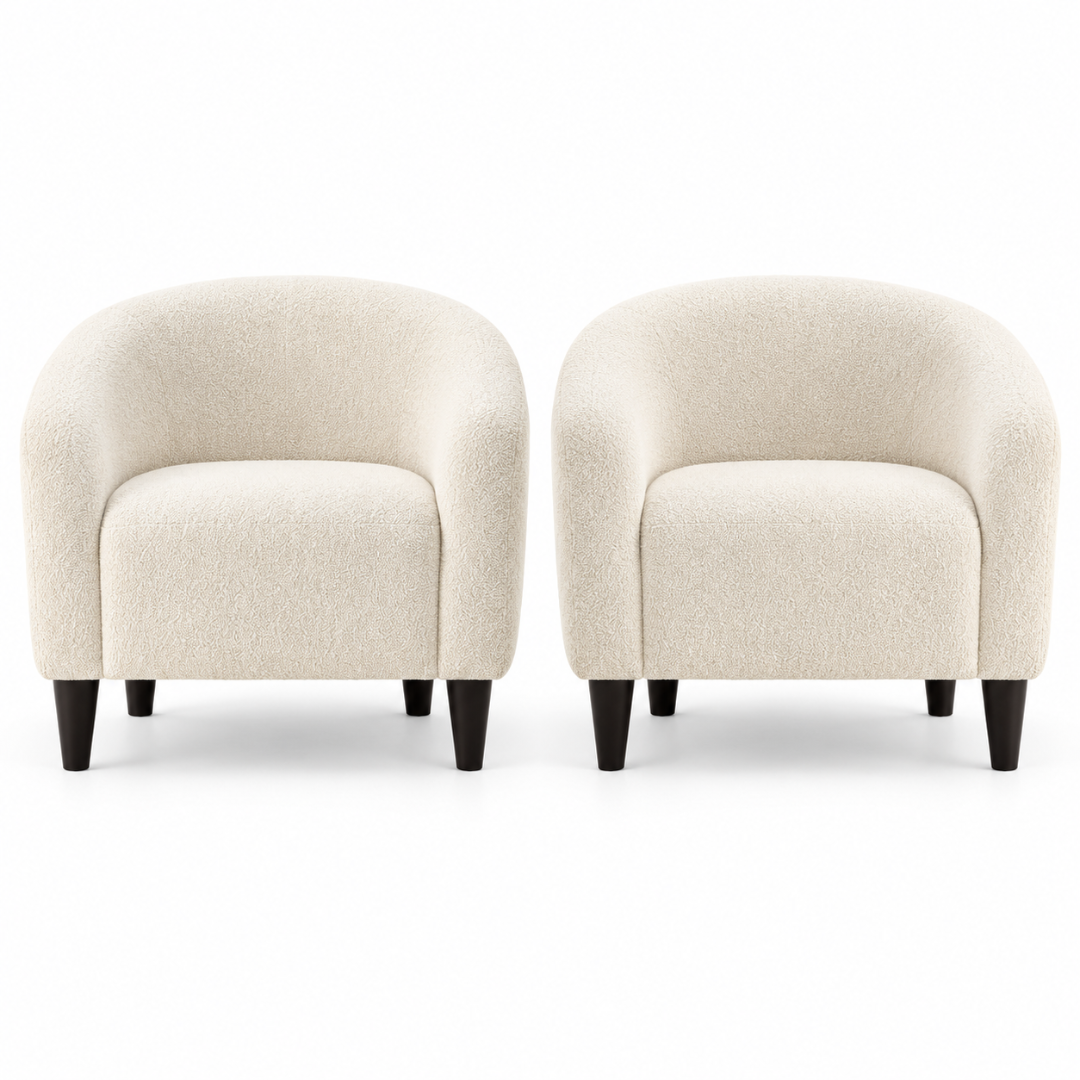 Wooden Twist Boucle Barrel Lounge Chairs Set of 2 Beige – front view of pair