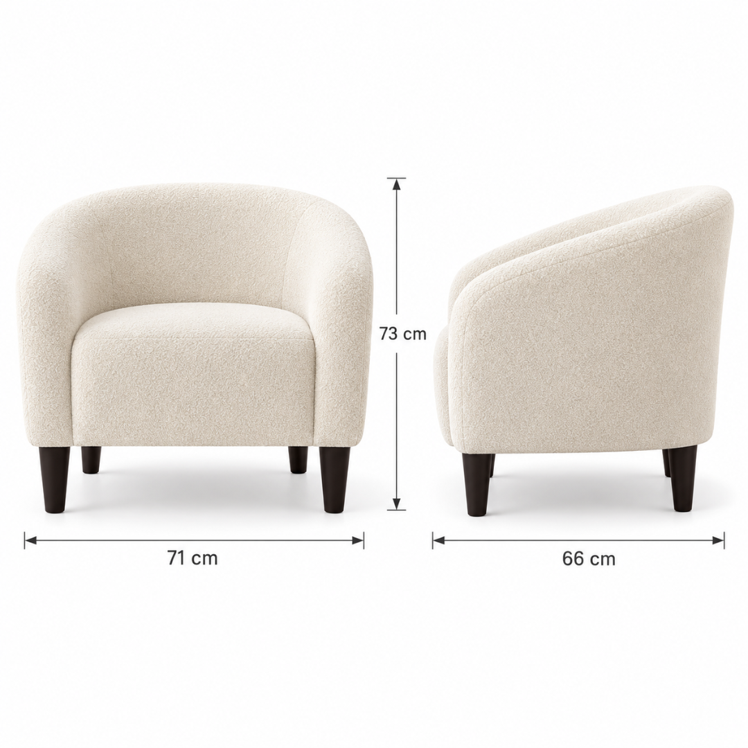 Wooden Twist Boucle Barrel Lounge Chair Beige – 71 x 66 x 73 cm dimensions
