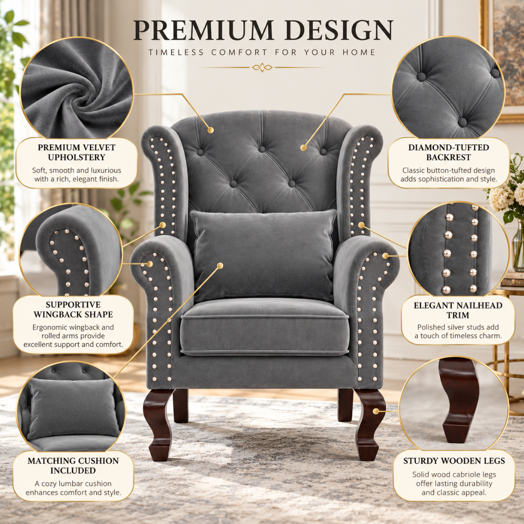 Wooden Twist Majestic Velvet Wingback Chair Grey – Key Features