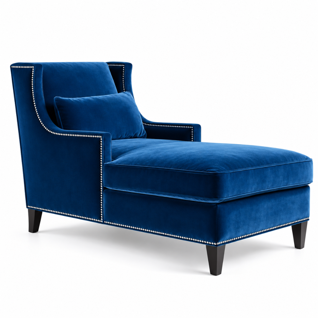 Wooden Twist Majestic Wingback Velvet Chaise Lounge Blue – Angle View