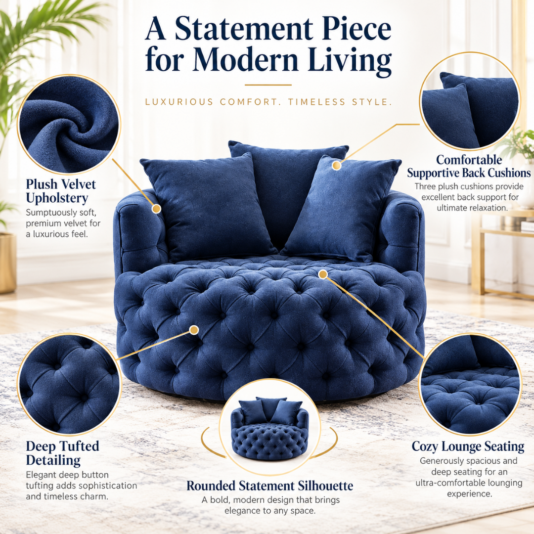 Wooden Twist Round Button Tufted Velvet Cuddle Chair Blue – Key Features