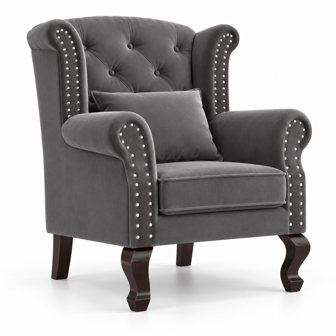 Wooden Twist Majestic Velvet Wingback Chair Grey – Angle View