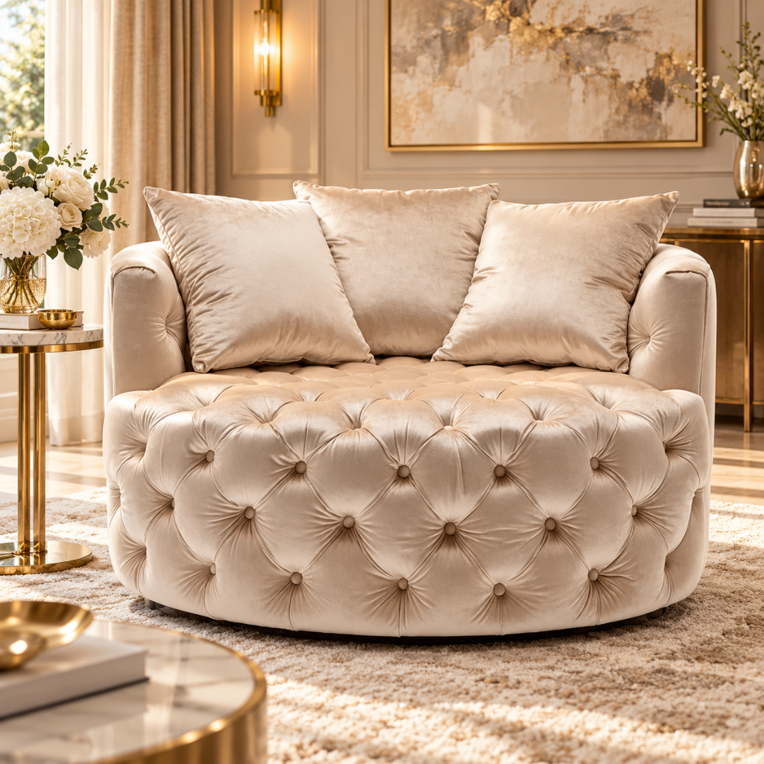 Wooden Twist Round Button Tufted Velvet Cuddle Chair Beige – Living Room