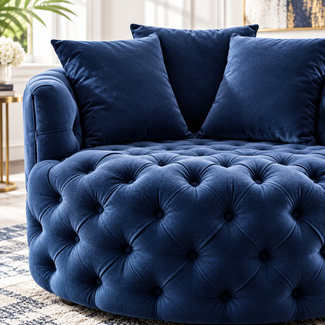 Wooden Twist Round Button Tufted Velvet Cuddle Chair Blue – Tufted Close-Up
