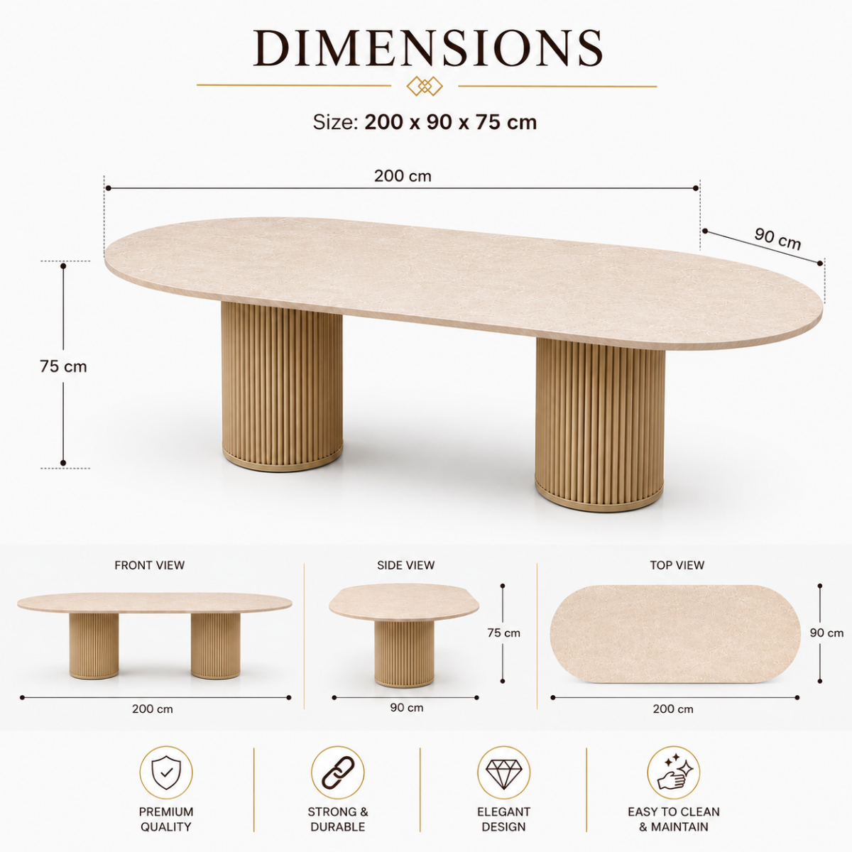 Wooden Twist Oval Cream Marble Dining Table with Fluted Double Pedestal Base