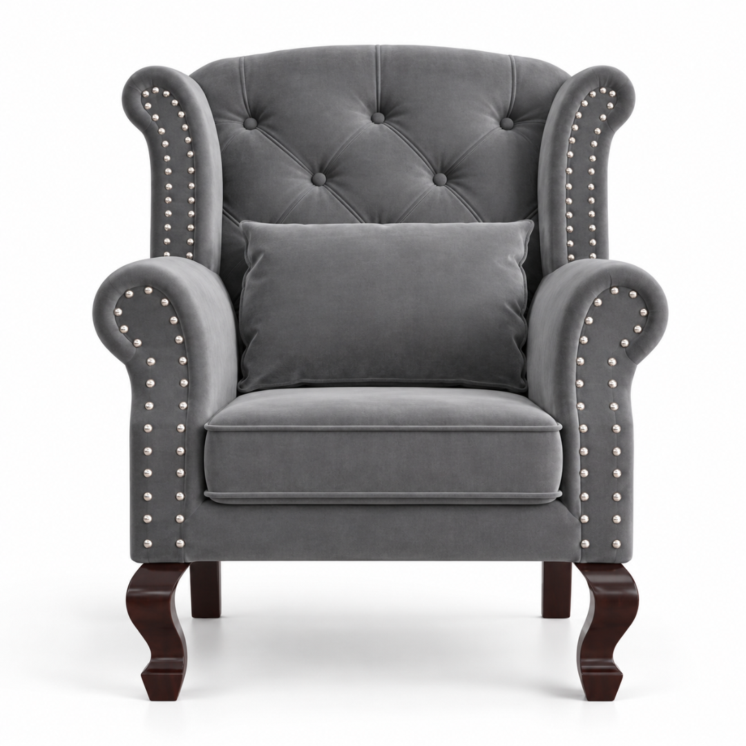 Wooden Twist Majestic Velvet Wingback Chair Grey – Front View