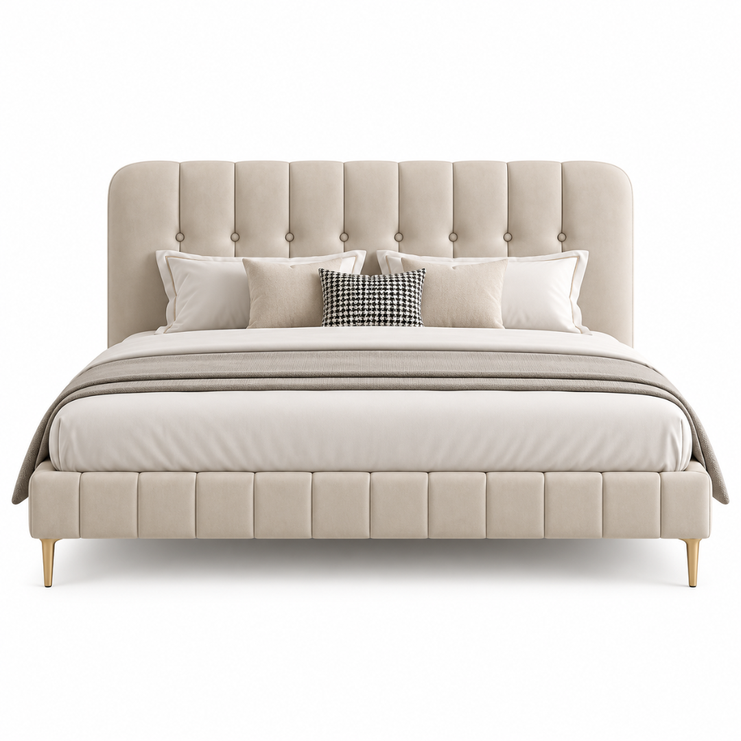 Wooden Twist Button Tufted Channel Suede Bed Beige – front view with bedding
