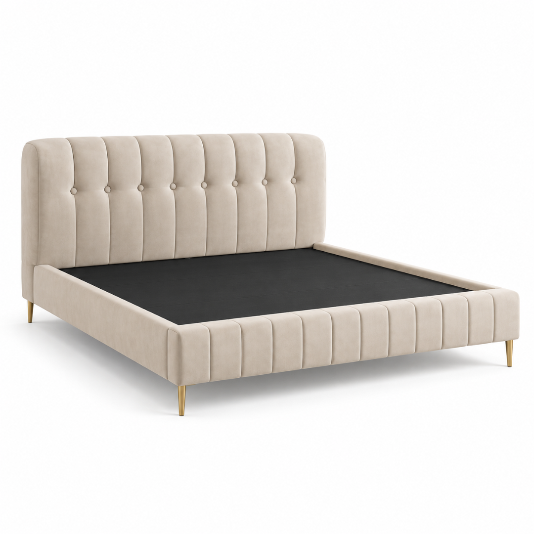 Wooden Twist Button Tufted Channel Suede Bed Beige – frame angle view