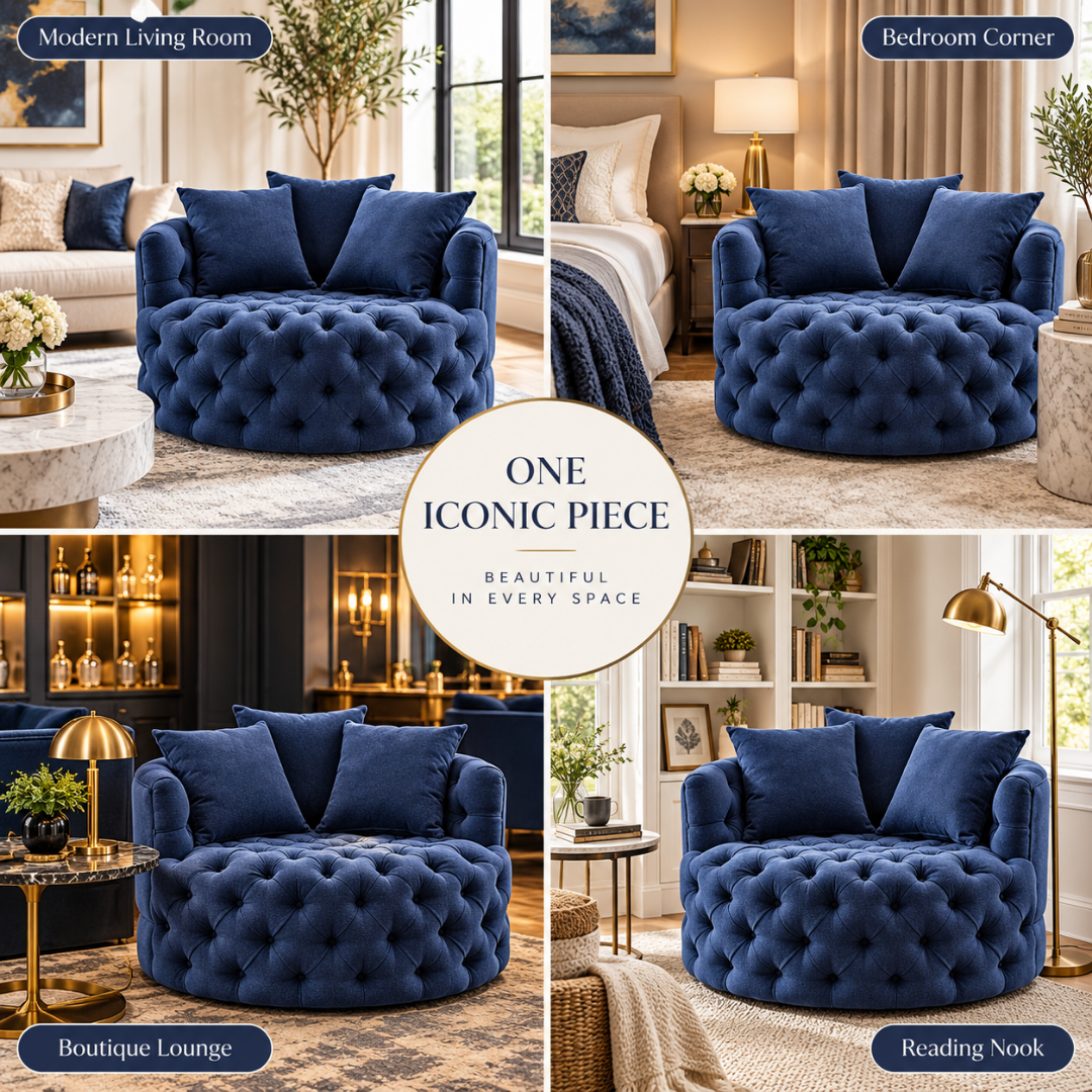 Wooden Twist Round Button Tufted Velvet Cuddle Chair Blue – Room Styling Ideas