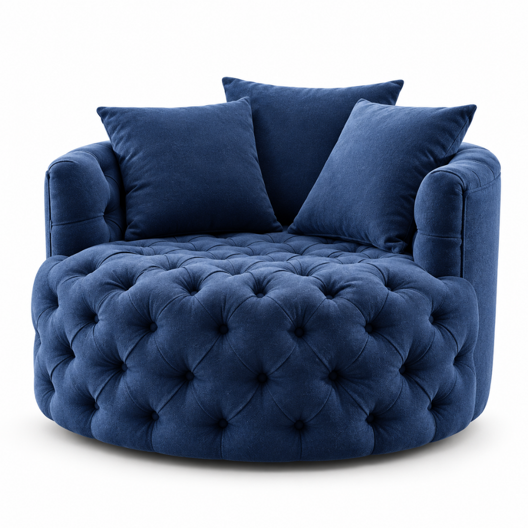Wooden Twist Round Button Tufted Velvet Cuddle Chair Blue – Front View