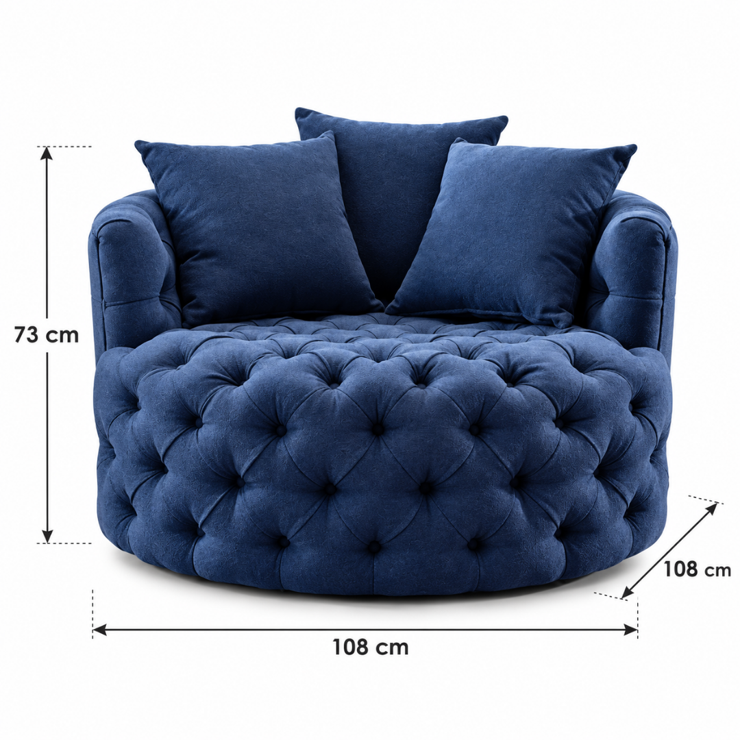 Wooden Twist Round Button Tufted Velvet Cuddle Chair Blue – Dimensions 108 x 108 x 73 cm