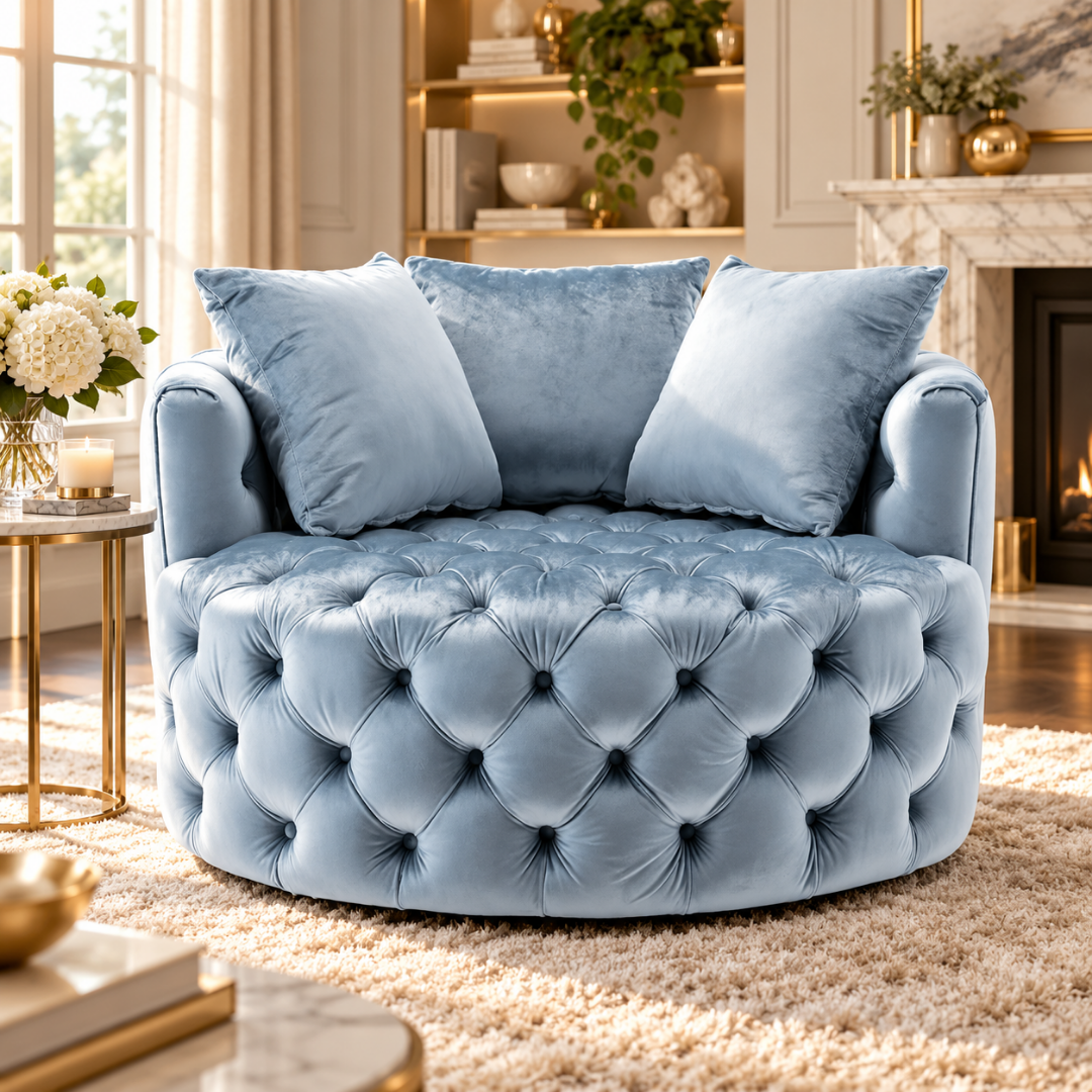 Wooden Twist Round Button Tufted Velvet Cuddle Chair Baby Blue – Living Room
