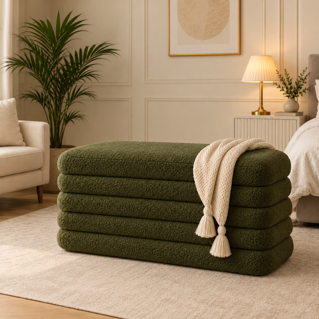 Wooden Twist Layer olive green stacked boucle bench with cream throw beside a bed