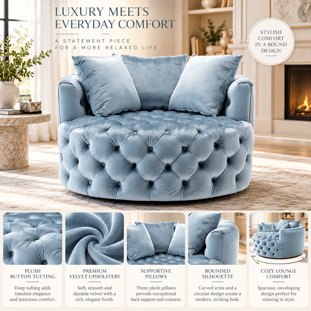 Wooden Twist Round Button Tufted Velvet Cuddle Chair Baby Blue – Key Features