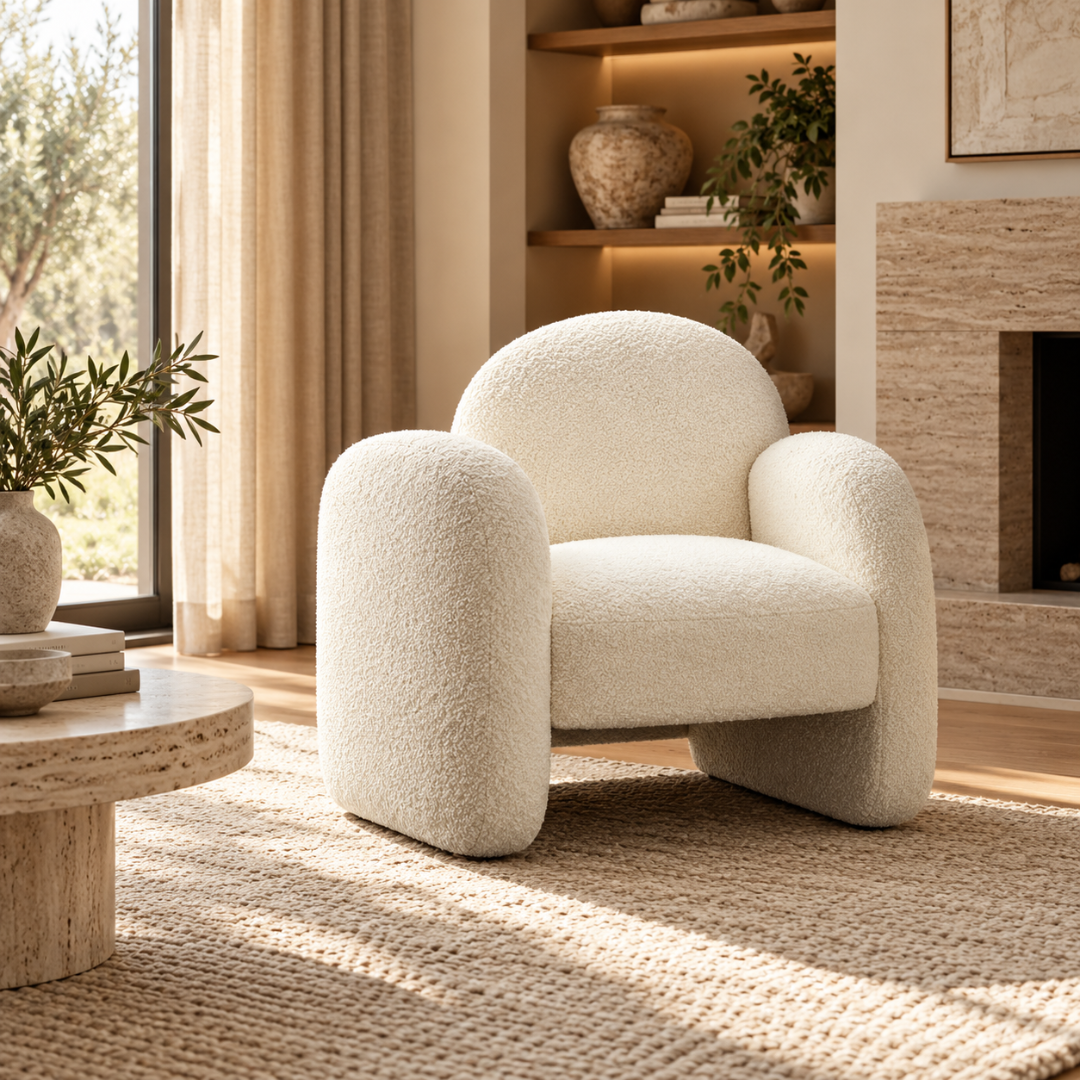 Wooden Twist Locus cream boucle lounge armchair with arched backrest in a warm living room