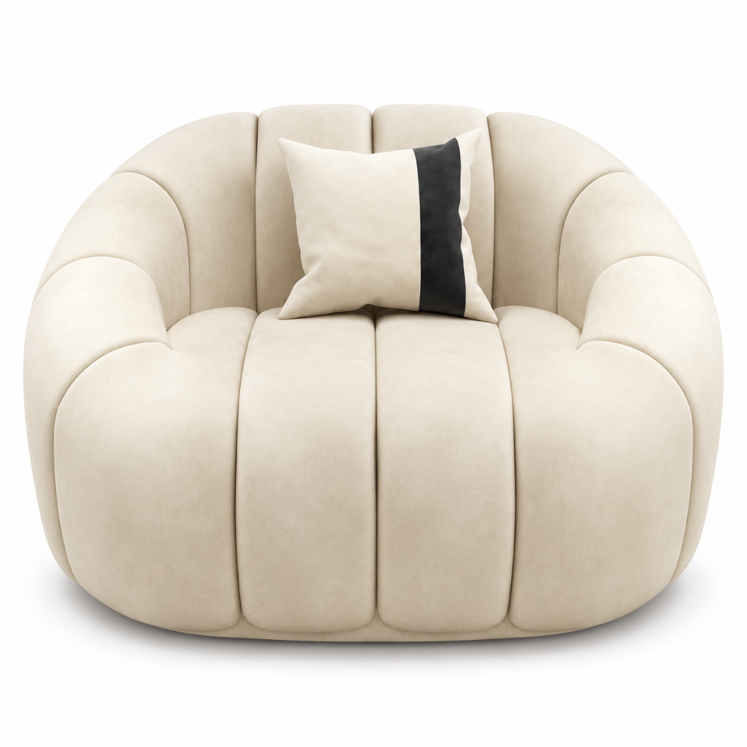 Wooden Twist Collin Oval Channel Tufted Single Seater Sofa Beige Velvet – Front View