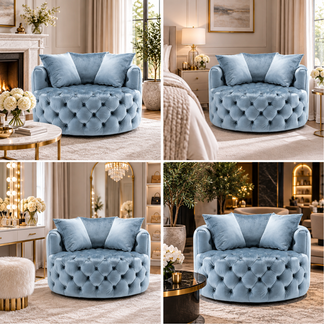 Wooden Twist Round Button Tufted Velvet Cuddle Chair Baby Blue – Room Styling Ideas