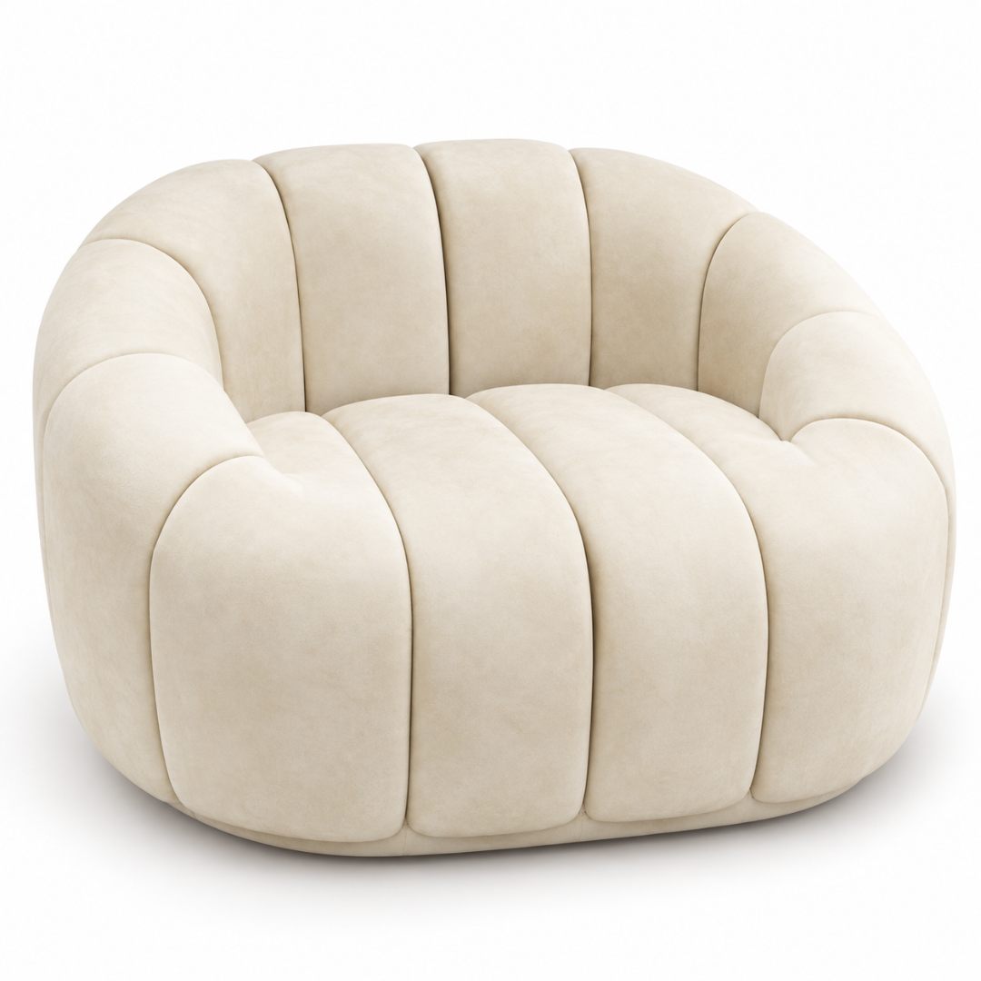 Wooden Twist Collin Oval Channel Tufted Single Seater Sofa Beige Velvet – Front View without Pillow