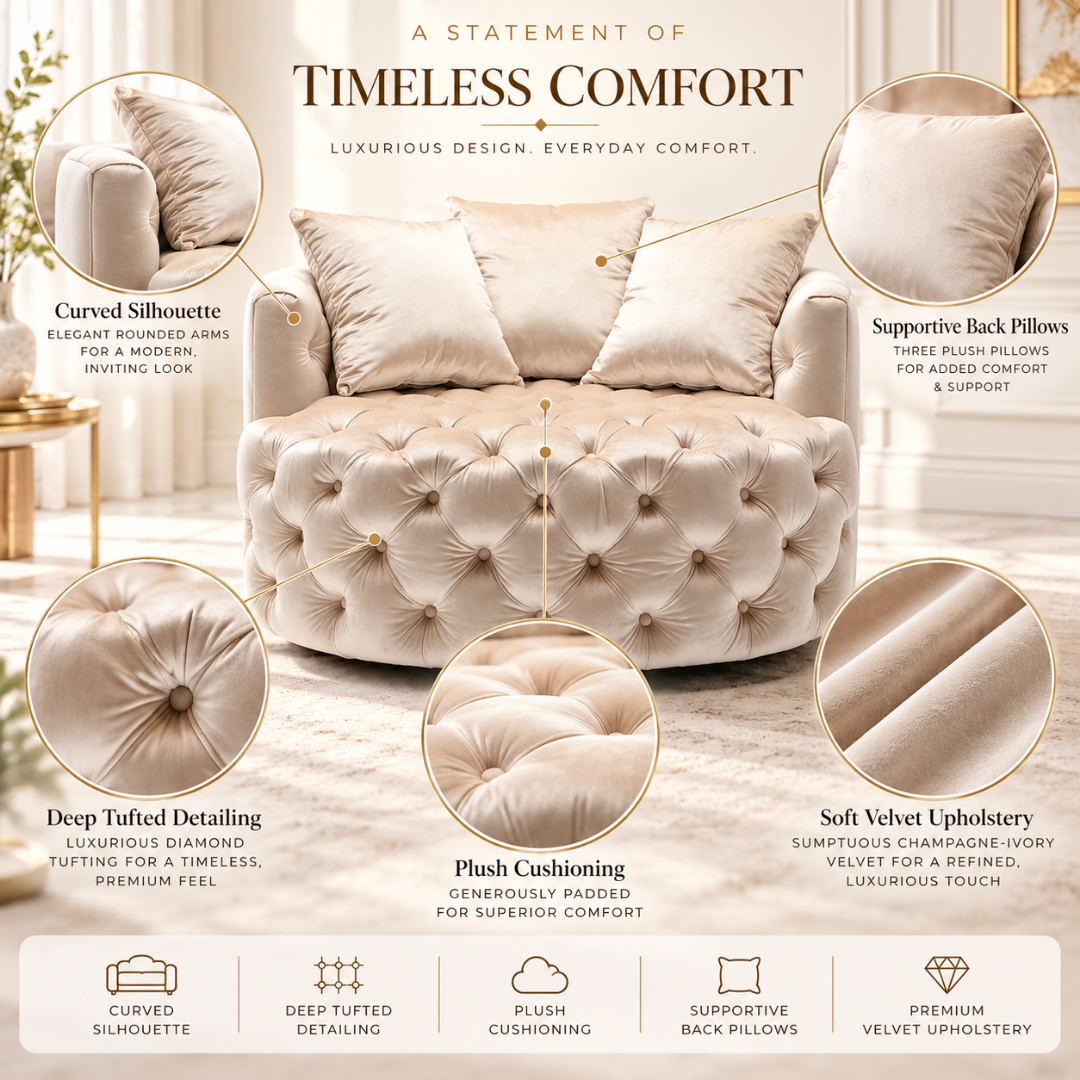 Wooden Twist Round Button Tufted Velvet Cuddle Chair Beige – Key Features