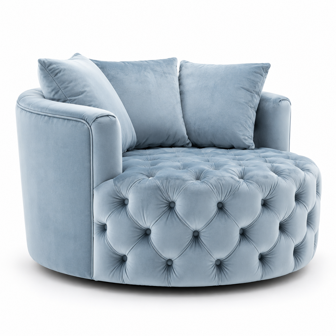 Wooden Twist Round Button Tufted Velvet Cuddle Chair Baby Blue – Side View
