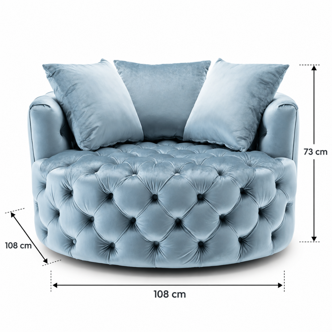 Wooden Twist Round Button Tufted Velvet Cuddle Chair Baby Blue – Dimensions 108 x 108 x 73 cm