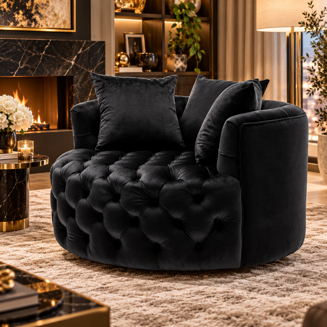 Wooden Twist Round Button Tufted Velvet Cuddle Chair Black – Living Room
